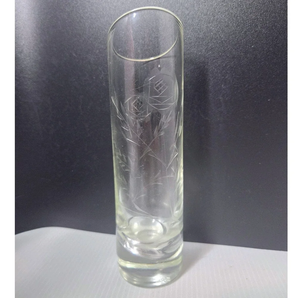 Vintage Etched Glass Rose Bud Vase Slanted Rim Floral Cut Design